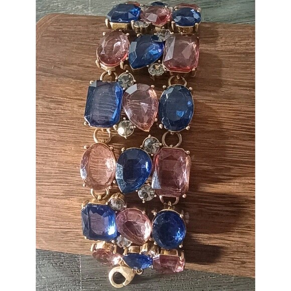 Rj Graziano Jewelry - Graziano Blue Pink Clear Rhinestone Gold Tone Vintage Adjustable Bracelet